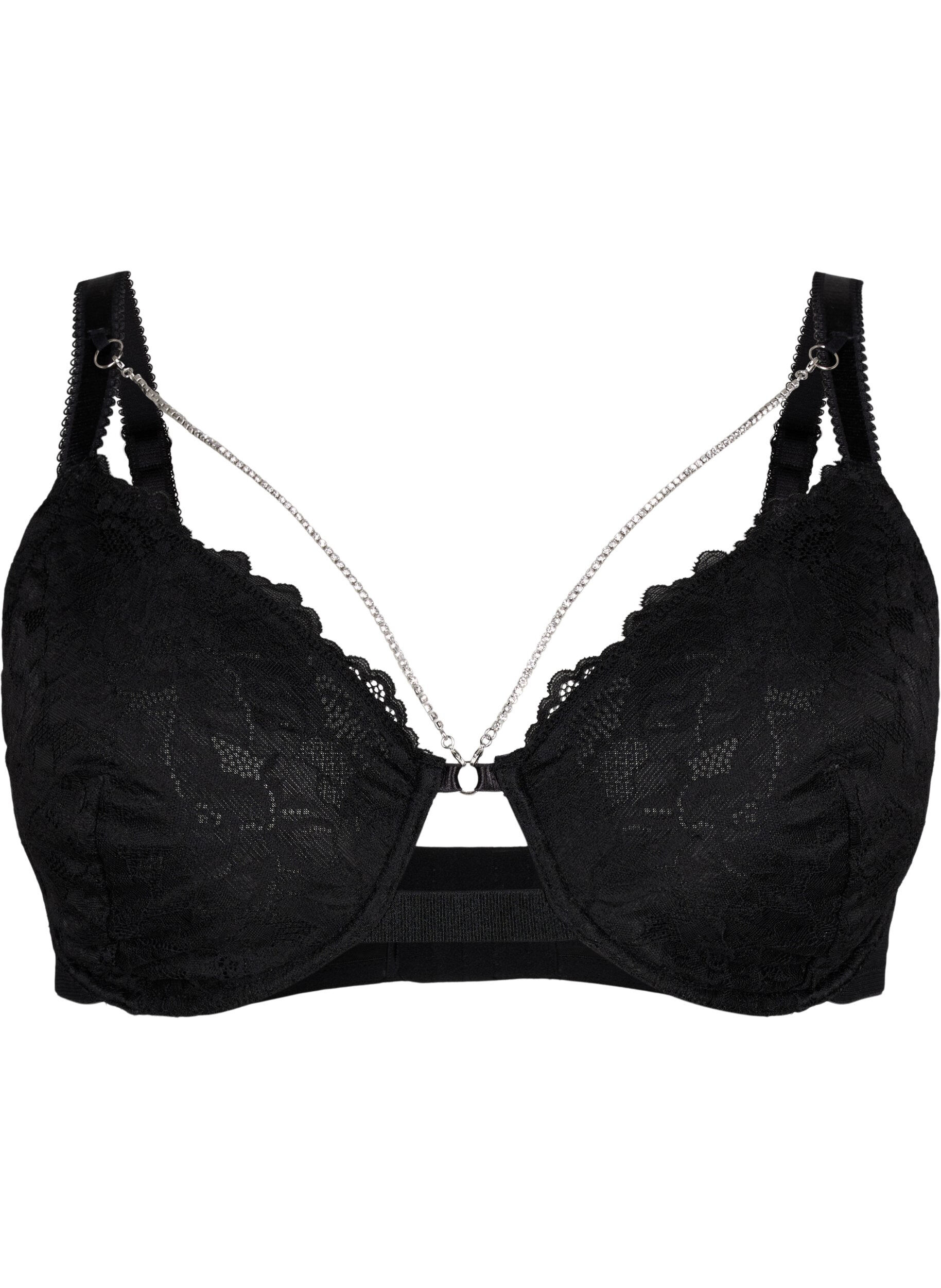 Zizzifashion Full coverage lace bra with chain detail, Black, Packshot image number 0