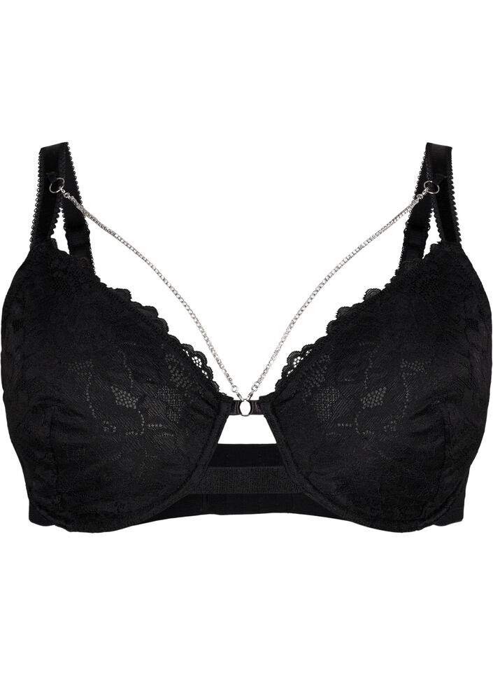 Full coverage lace bra with chain detail, Black, Packshot image number 0