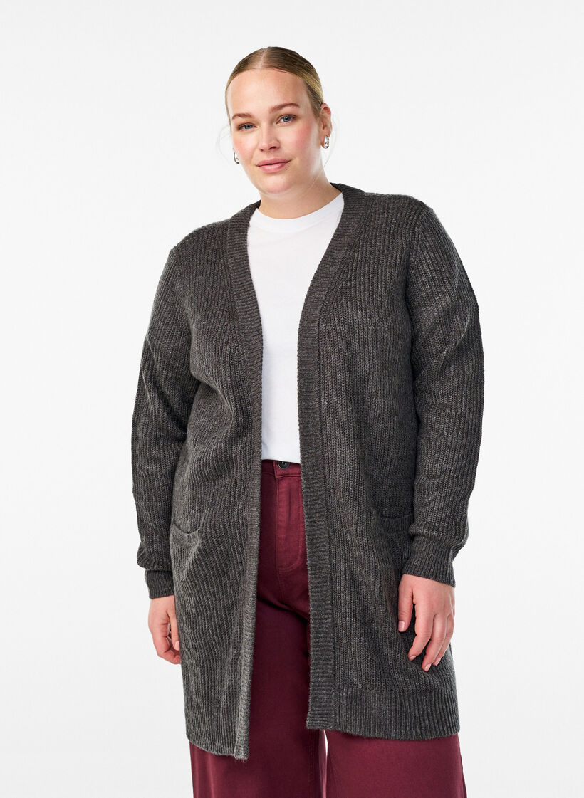 FLASH - Long rib knit cardigan with pockets, Dark Grey, Model image number 0