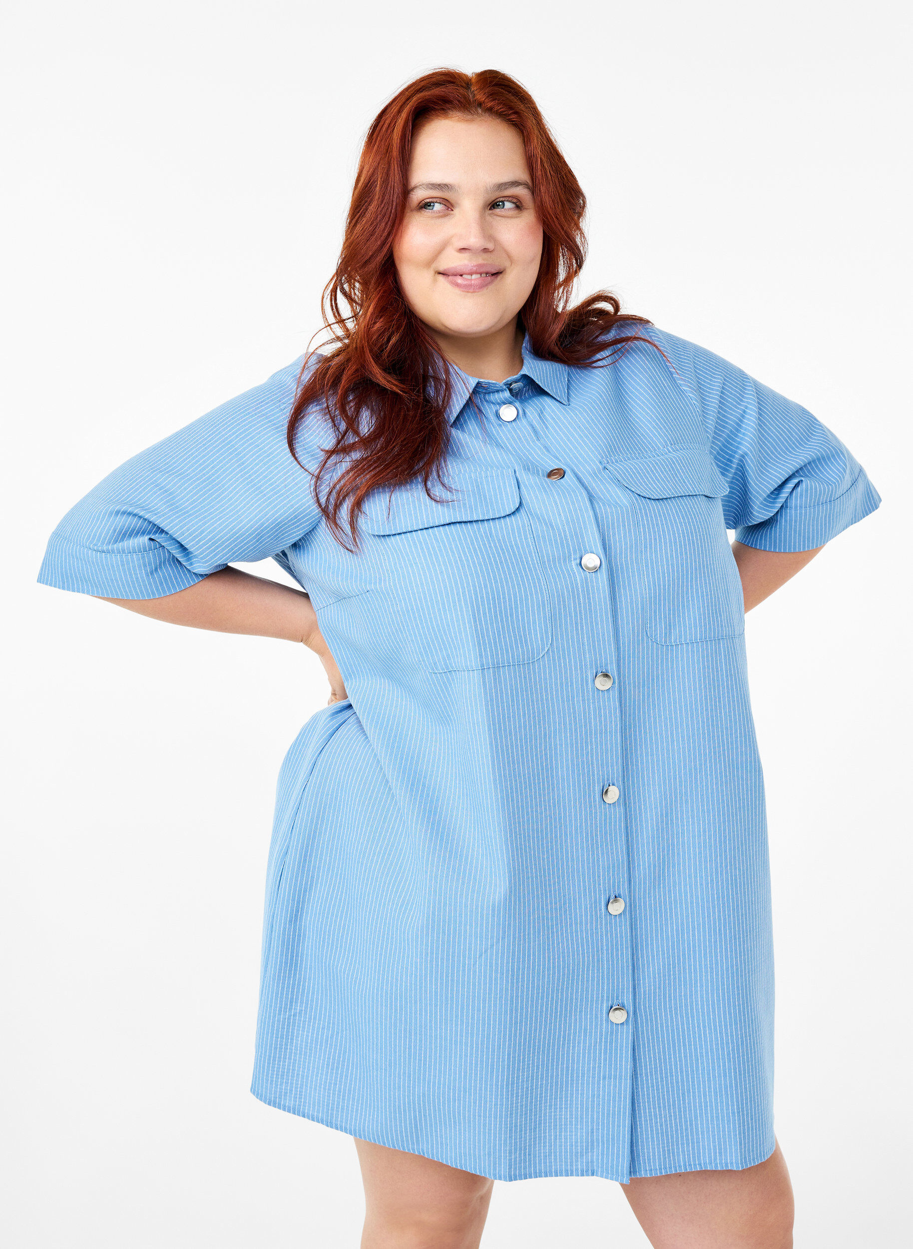 Zizzifashion Striped tunic with buttons and chest pockets, Light Blue, Model image number 0