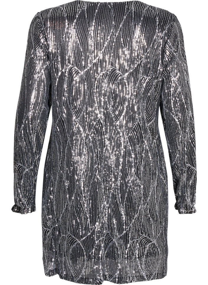 Long-sleeved sequin dress with pattern, Silver Sequins, Packshot image number 1