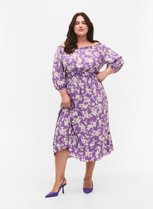 Floral off-shoulder midi dress in viscose, Purple Flower AOP, Model image number 0