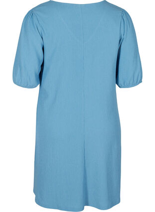 Dress with puff sleeves and V-neck, Azure Blue, Packshot image number 1