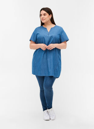 Short-sleeved denim tunic in cotton, Medium Blue Denim, Model image number 2
