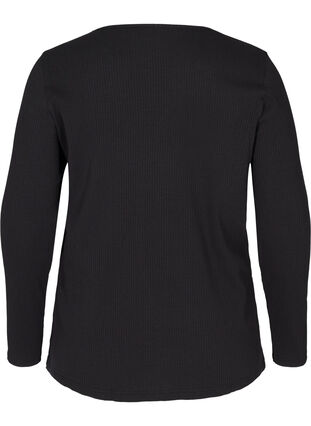 Long-sleeved ribbed blouse with a round neck, Black, Packshot image number 1