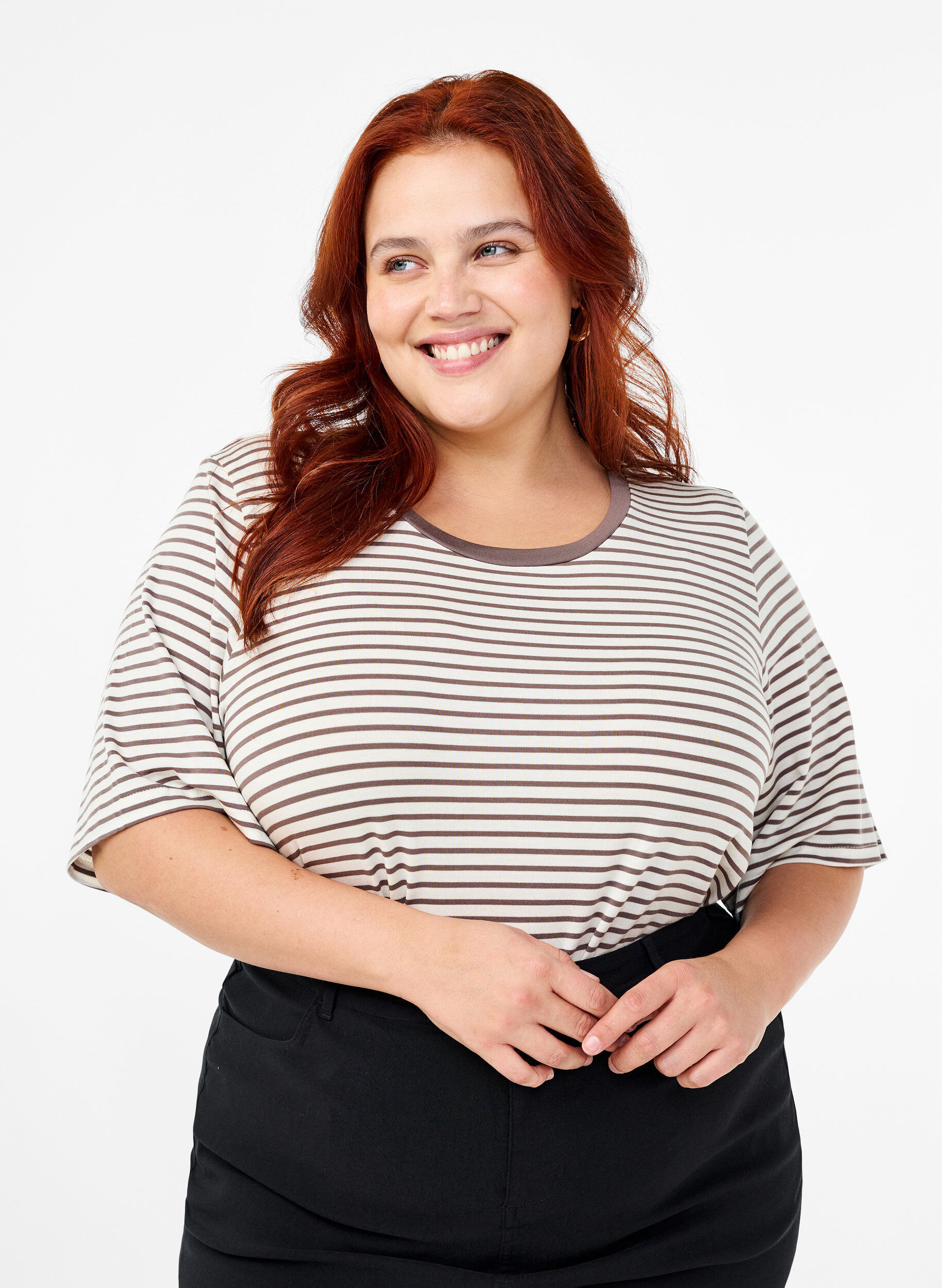 Zizzifashion Striped T-shirt in lyocell with round neck, Brown, Model image number 0