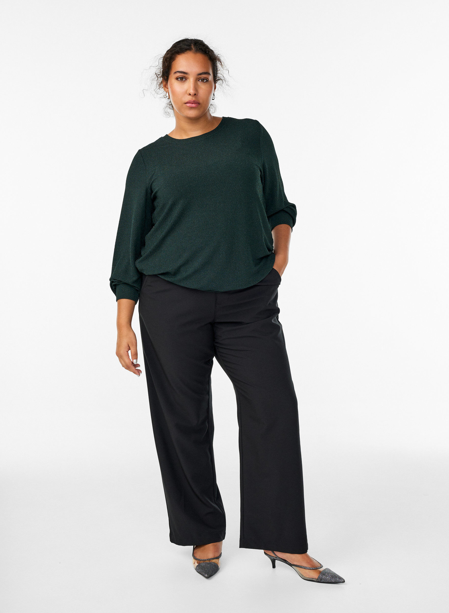 ZizzifashionBlouse with herringbone pattern and glitter thread, Green, Model image number 1