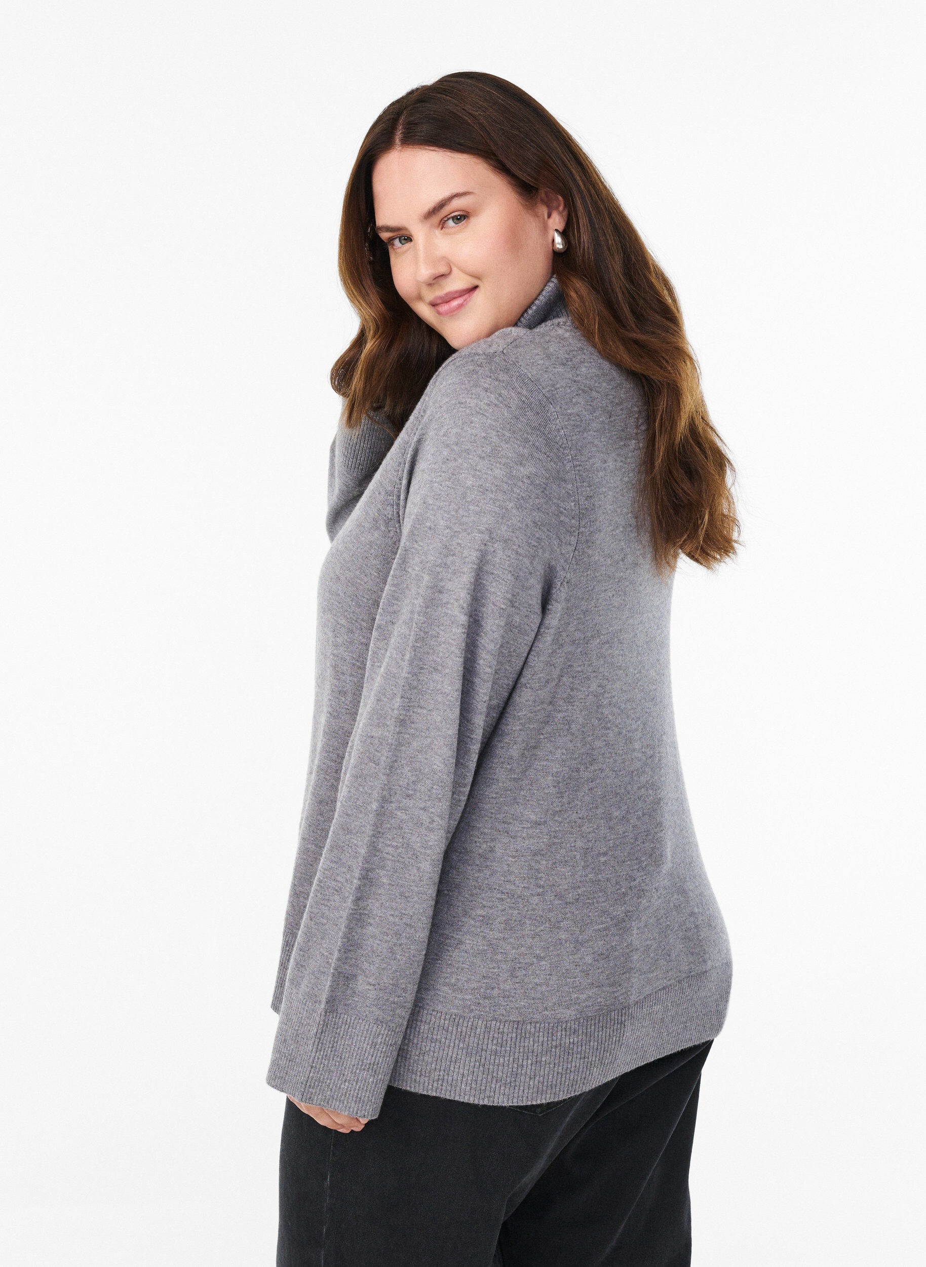 Zizzifashion Knitted blouse with turtleneck and side buttons, Grey, Model image number 2