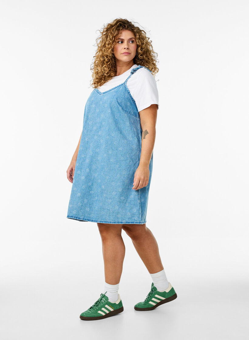 Short denim dress with adjustable straps, LBD w. Flower, Model image number 3