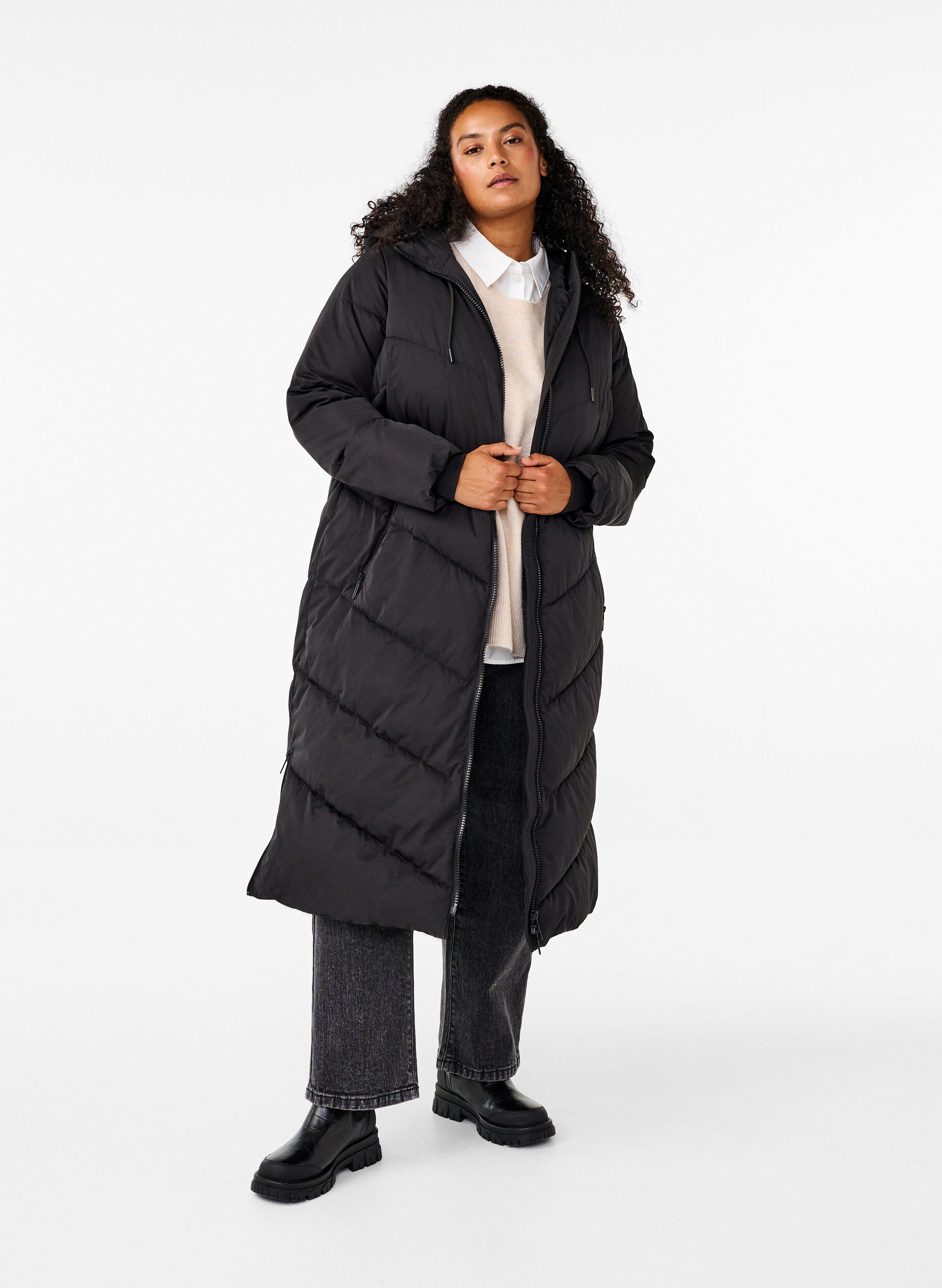 Zizzifashion Long puffer coat with hood and pockets, Black, Model image number 1