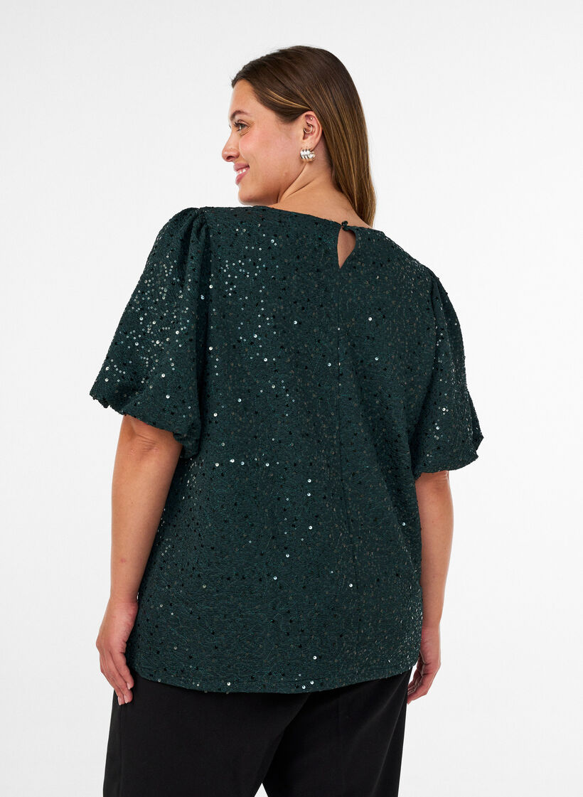 Sequin blouse with balloon sleeves, Green, Model image number 2