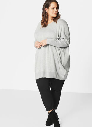 Loose knitted blouse with ribbed edges, Light Grey Melange, Model image number 0
