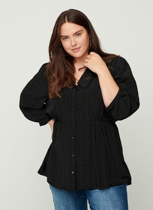 Shirt with 3/4 length puff sleeves and a collar, Black, Model image number 0