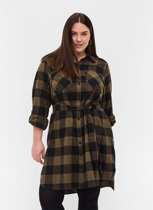 Checkered shirt dress with tie detail, Ivy Green Check, Model image number 0
