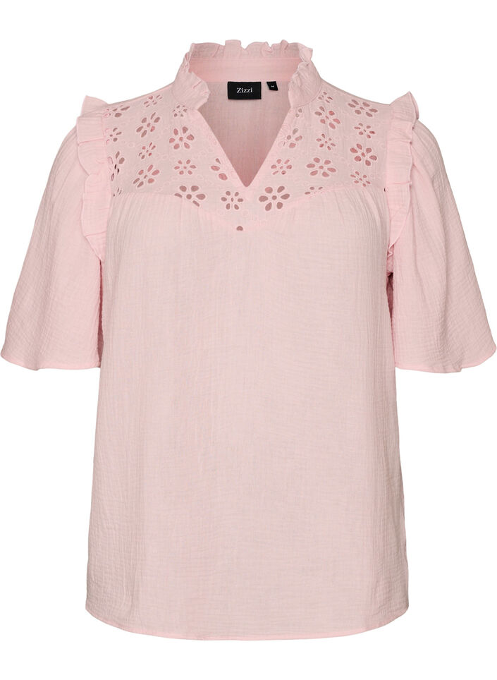 Blouse in cotton muslin with broderie anglaise and 1/2 sleeves, Rose, Packshot image number 0