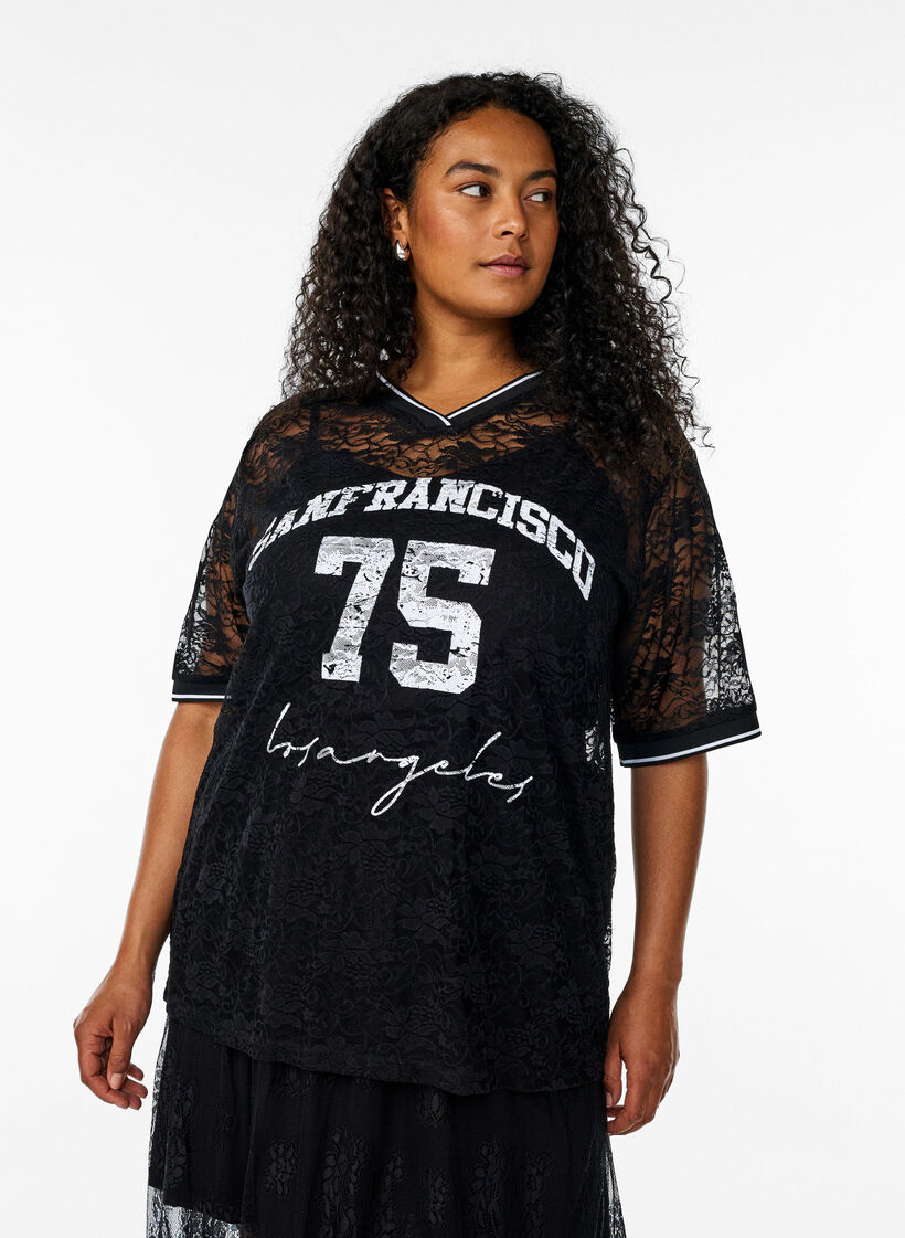 Sporty lace t-shirt with a loose fit, Black, Model image number 0