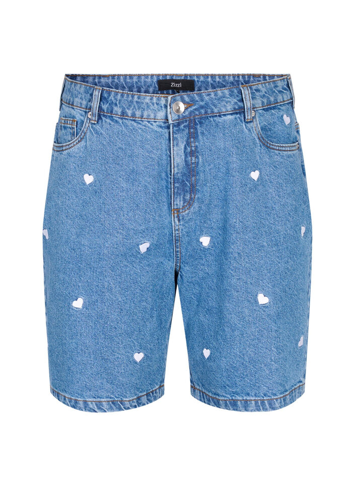 High-waist denim shorts with embroidered hearts, Light Blue, Packshot image number 0