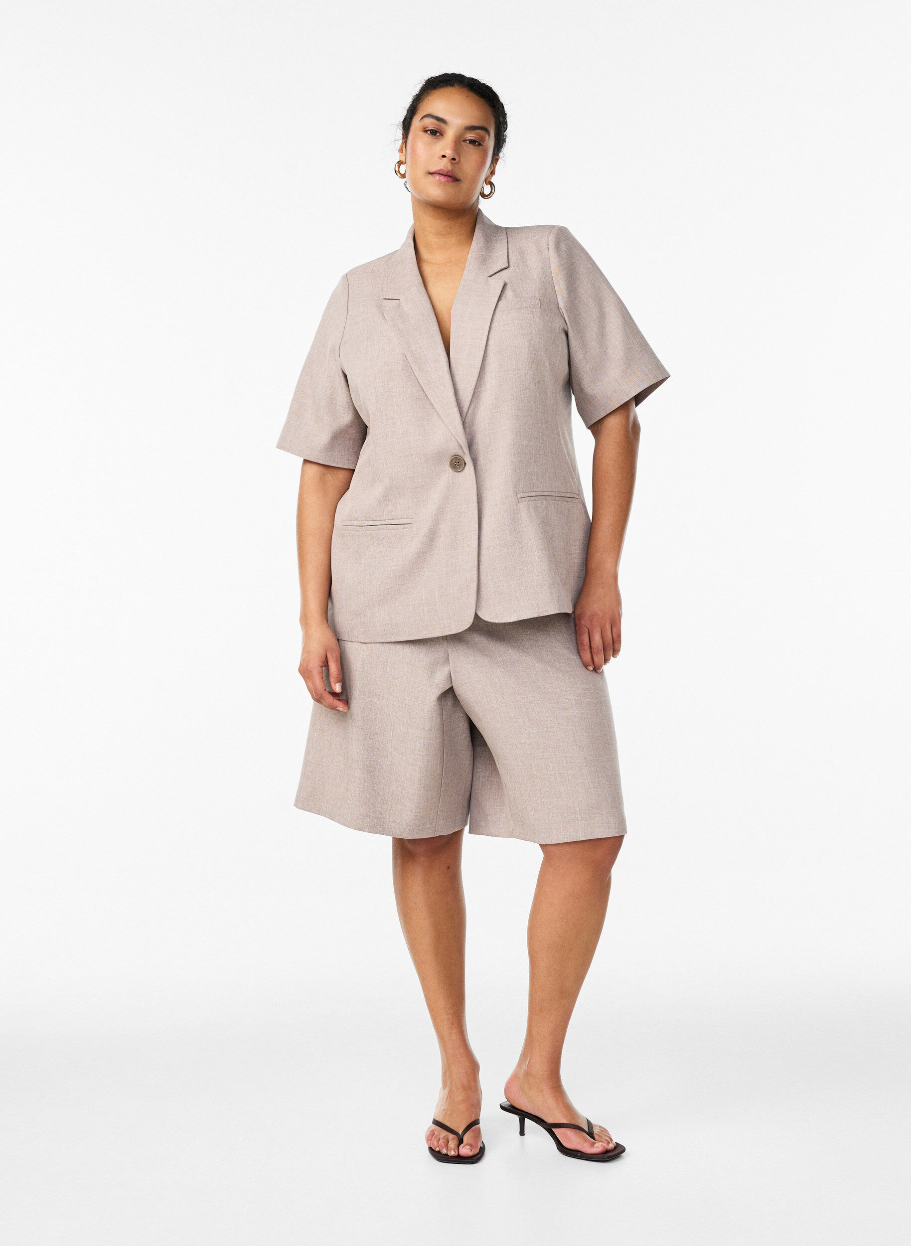 Zizzifashion Blazer with short sleeves and lapels, Brown, Model image number 1