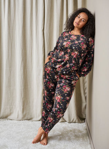 Floral print velour trousers with pockets, Flower AOP, Image image number 0