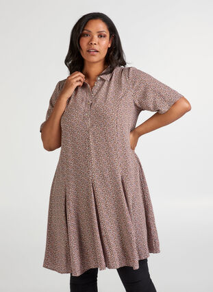 Short-sleeved viscose dress, Rose Dawn AOP, Model image number 0
