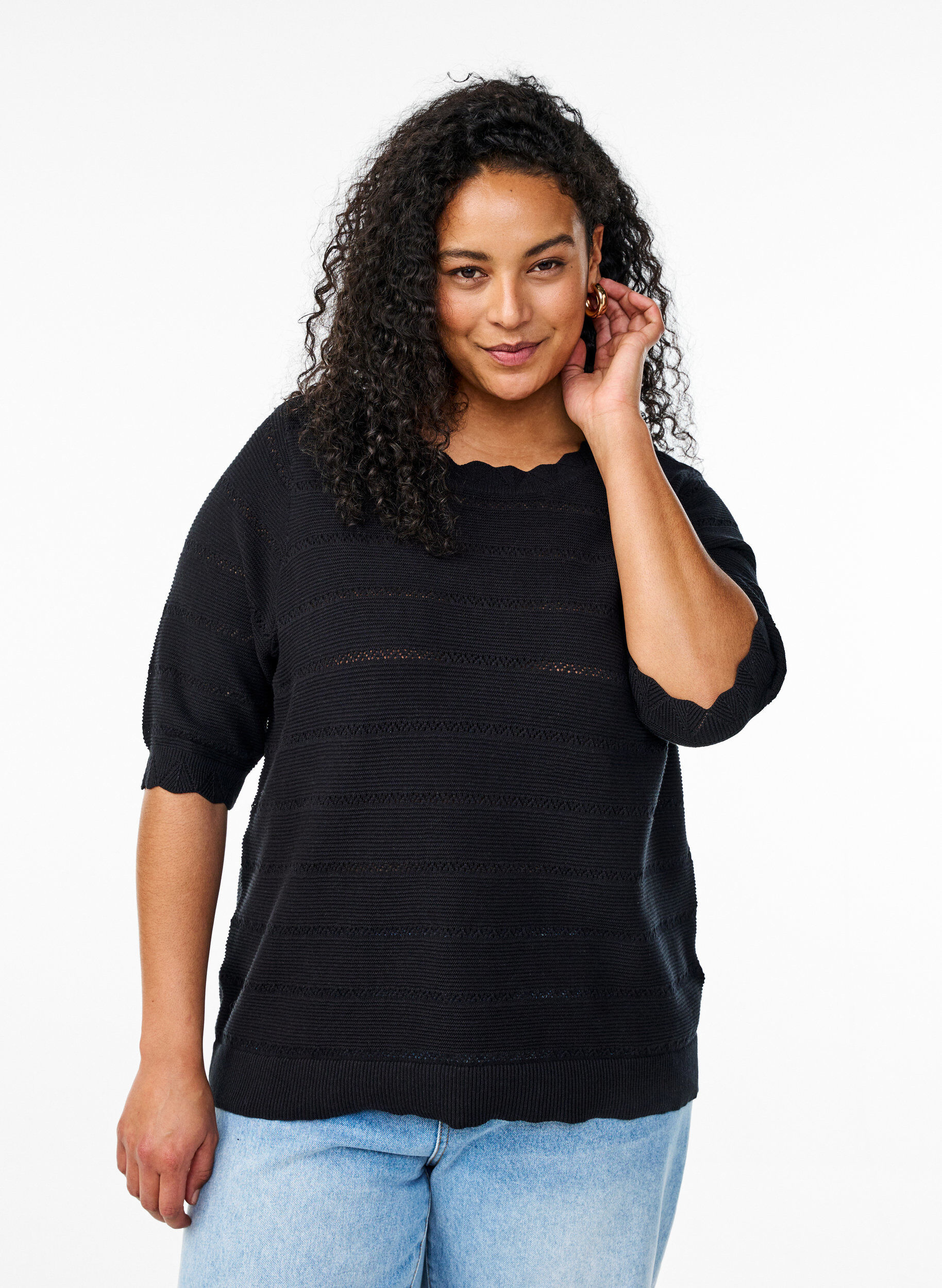 Zizzifashion Knitted blouse with a striped openwork pattern and short sleeves, Black, Model image number 0