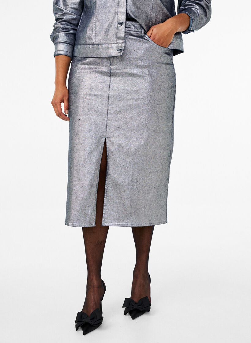 Silver coated midi skirt, Gun Sliver, Model image number 2