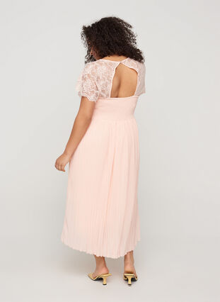 Short-sleeved pleated dress with lace and smock detail, Rose Smoke, Model image number 1