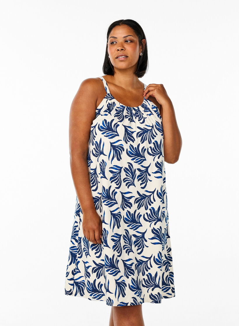 Knee-length strap dress in organic cotton, White, Model image number 0