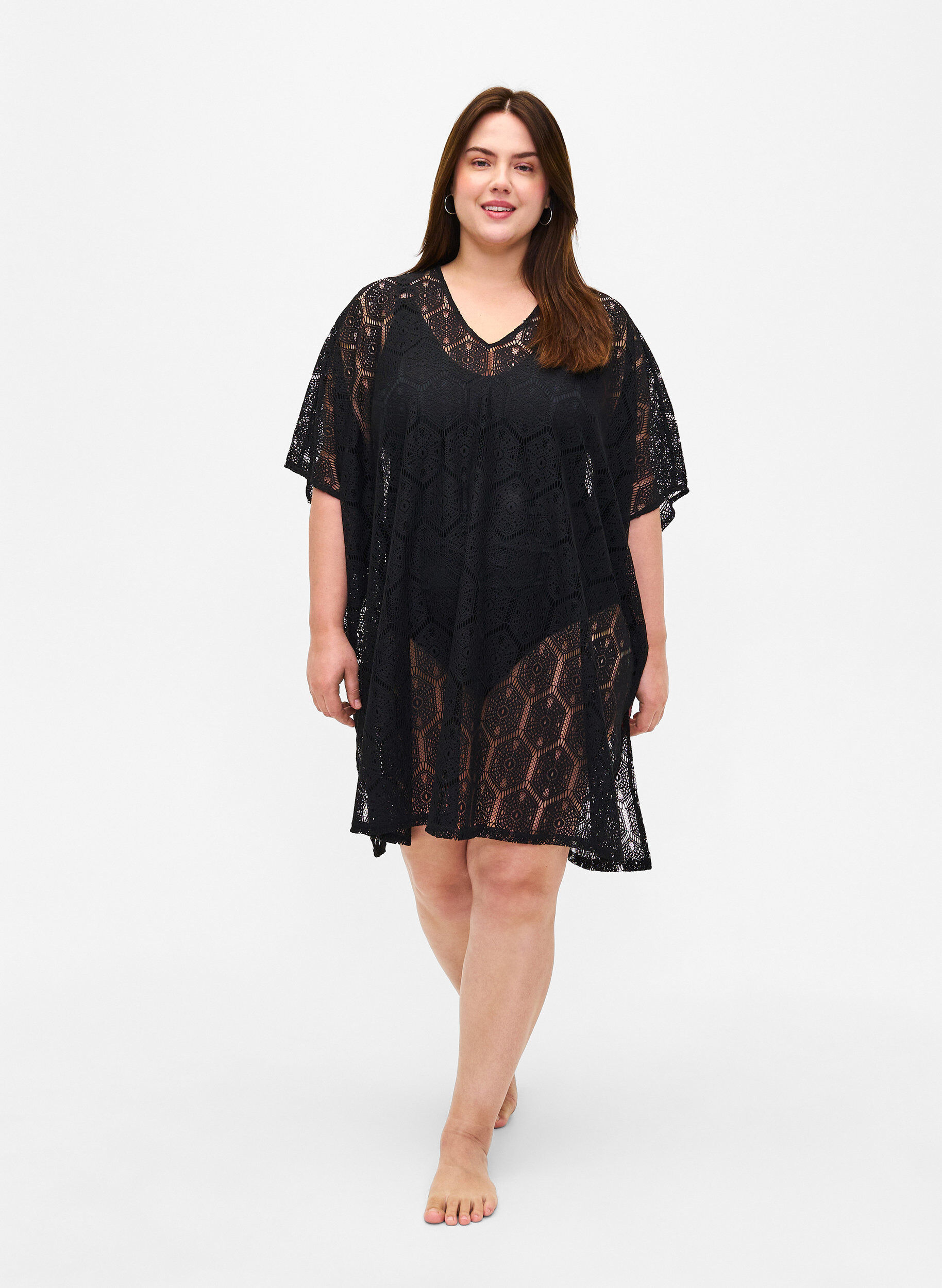 Zizzifashion Kaftan beach dress with hole pattern, Black, Model image number 2