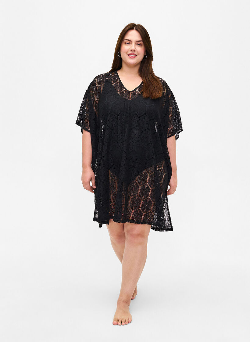 Kaftan beach dress with hole pattern, Black, Model image number 2