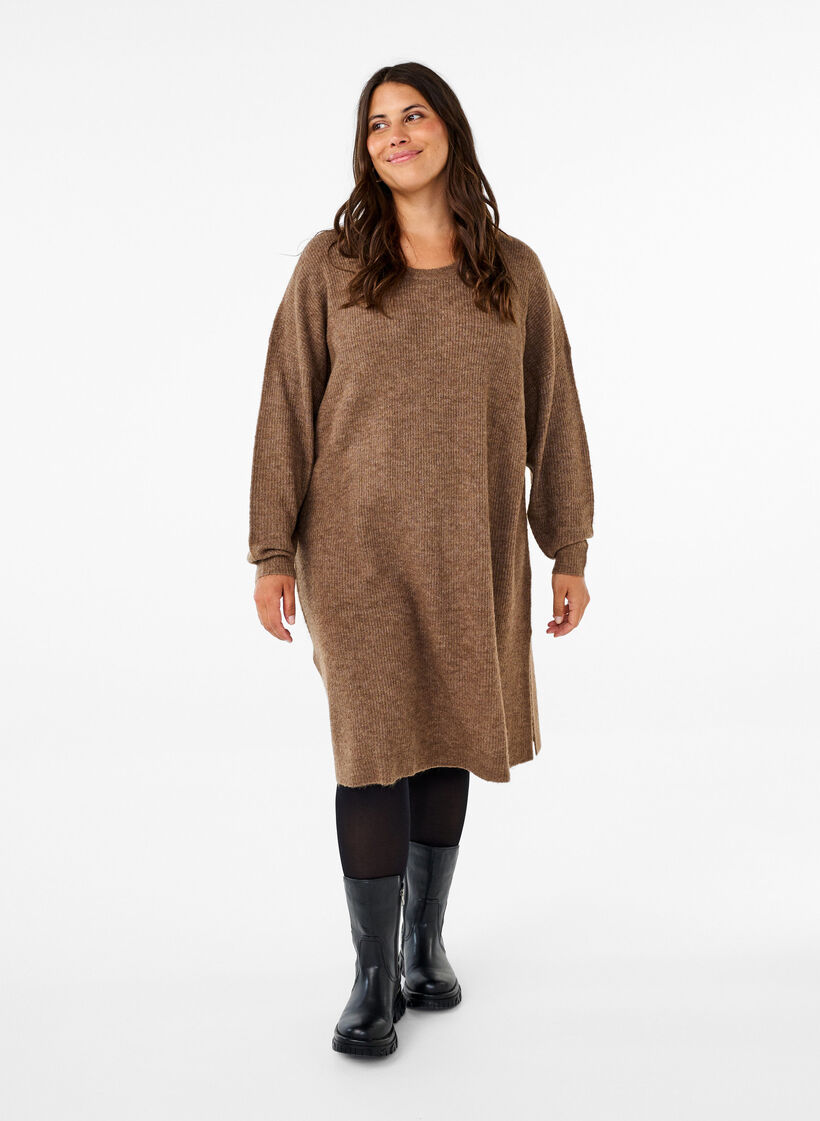 Long sleeved rib knit dress, Caribou Mel., Model image number 2