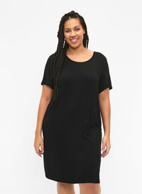Short-sleeved viscose dress with back detail, Black, Model