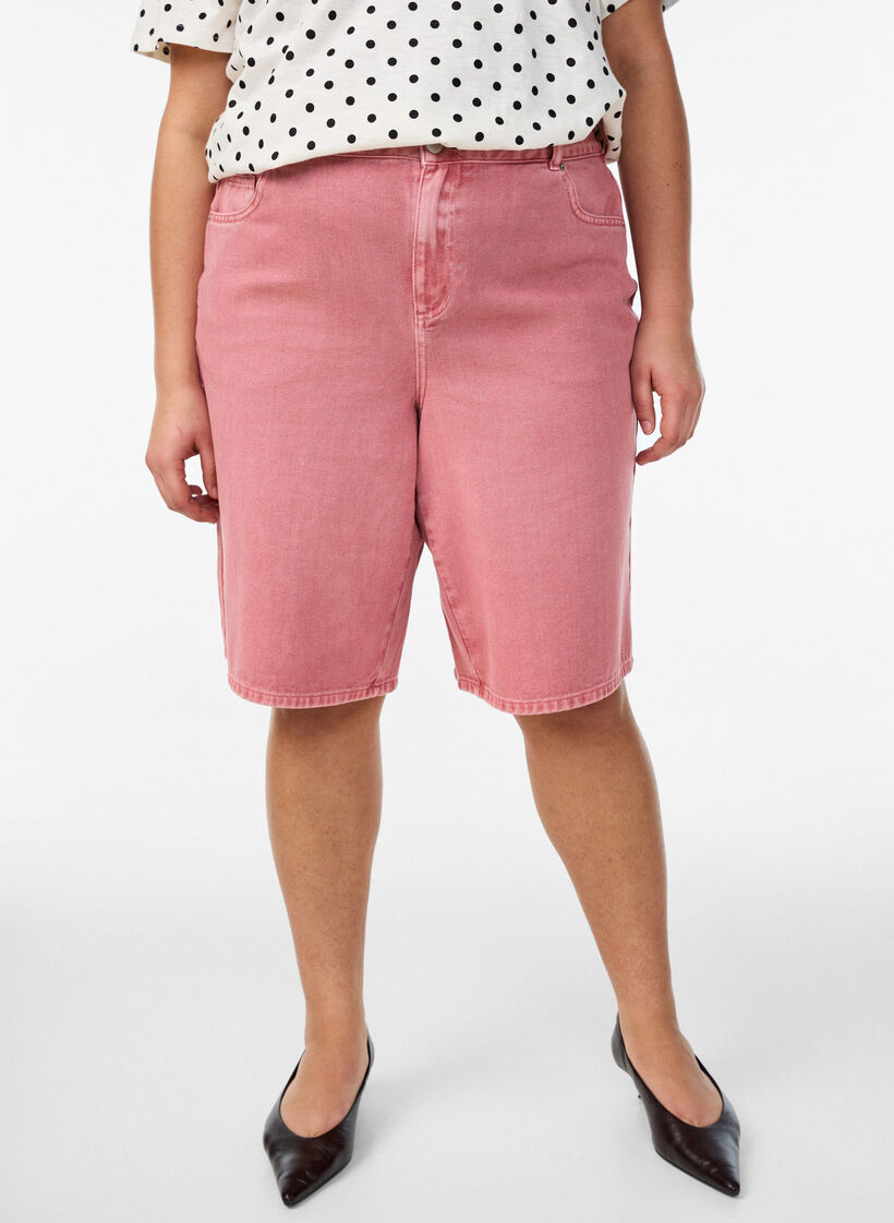High-waisted coloured denim bermuda shorts, Red, Model image number 0