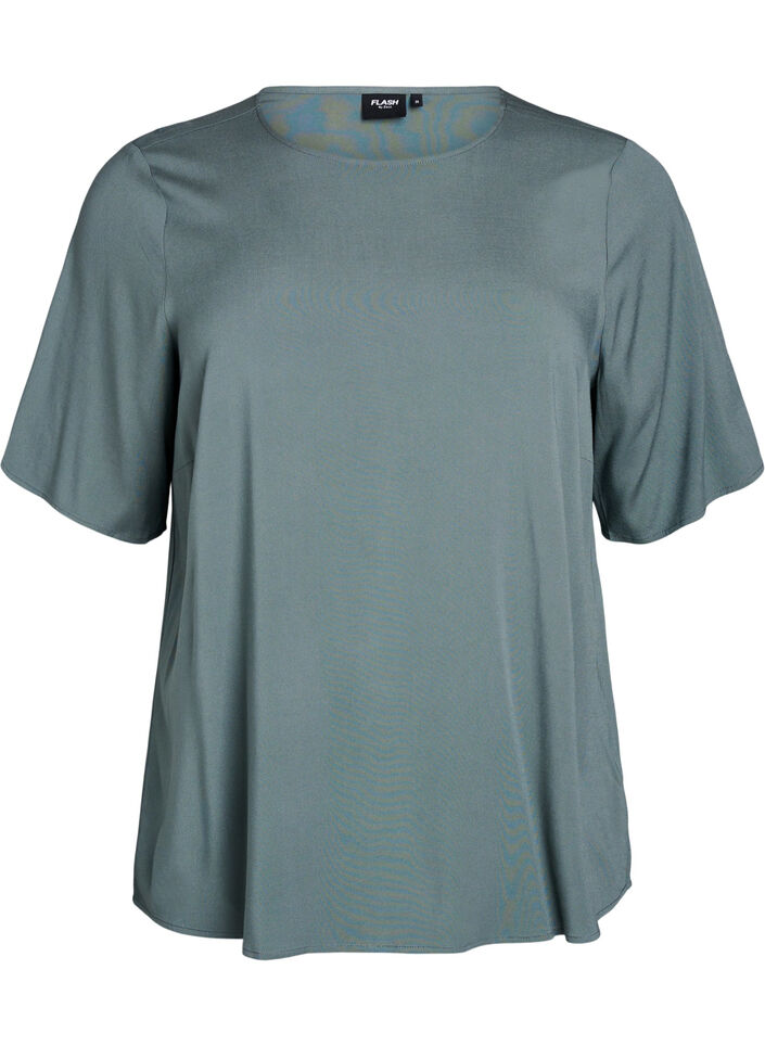Short-sleeved woven blouse with round neck, Green, Packshot image number 0
