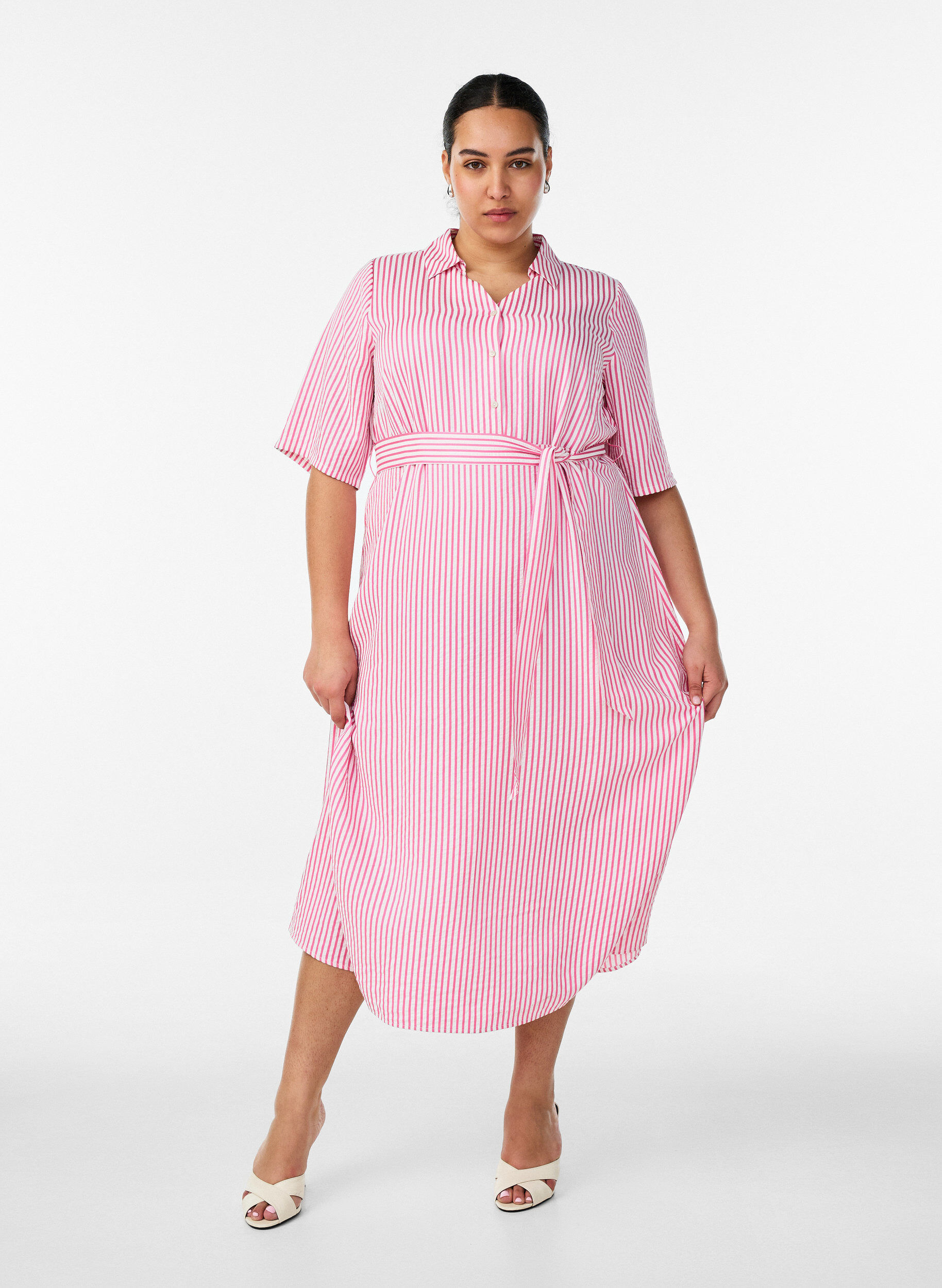 Zizzifashion Ankle-length shirt dress with tie belt and stripes, Pink, Model image number 0