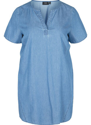Short-sleeved denim tunic in cotton, Medium Blue Denim, Packshot image number 0