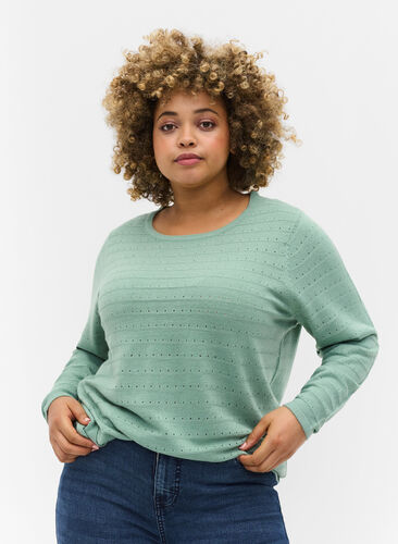 Knitted blouse with textured pattern and round neck, Dusty Jade Green, Model image number 0