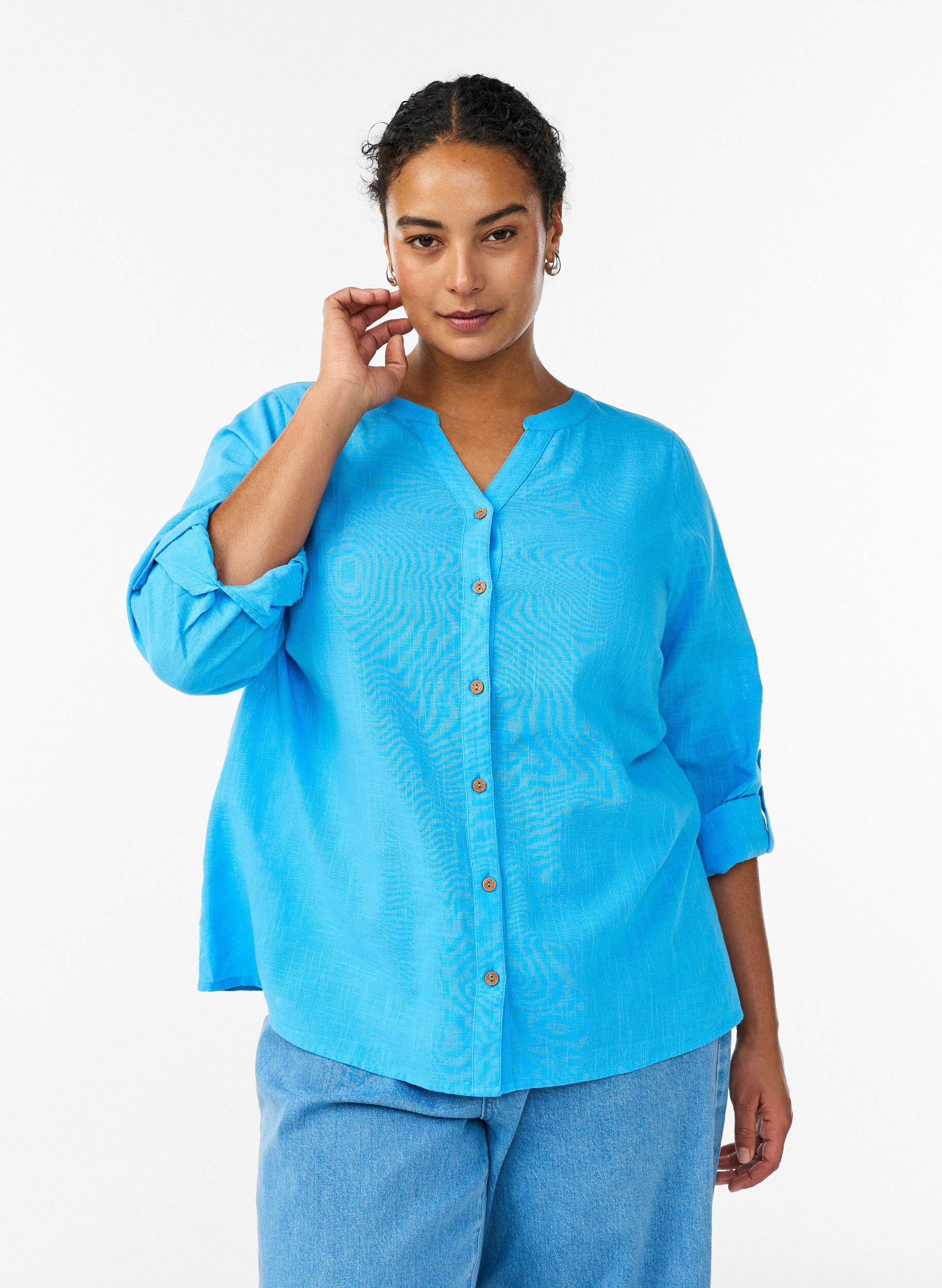 ZizzifashionCotton shirt blouse with V-neck, Blue, Model image number 0