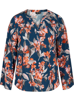 Floral viscose blouse with buttons, Blue Flower AOP, Packshot image number 0