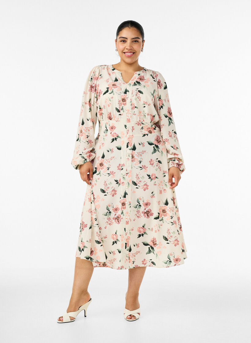 Midi dress with smock and decorative buttons, Beige, Model image number 0