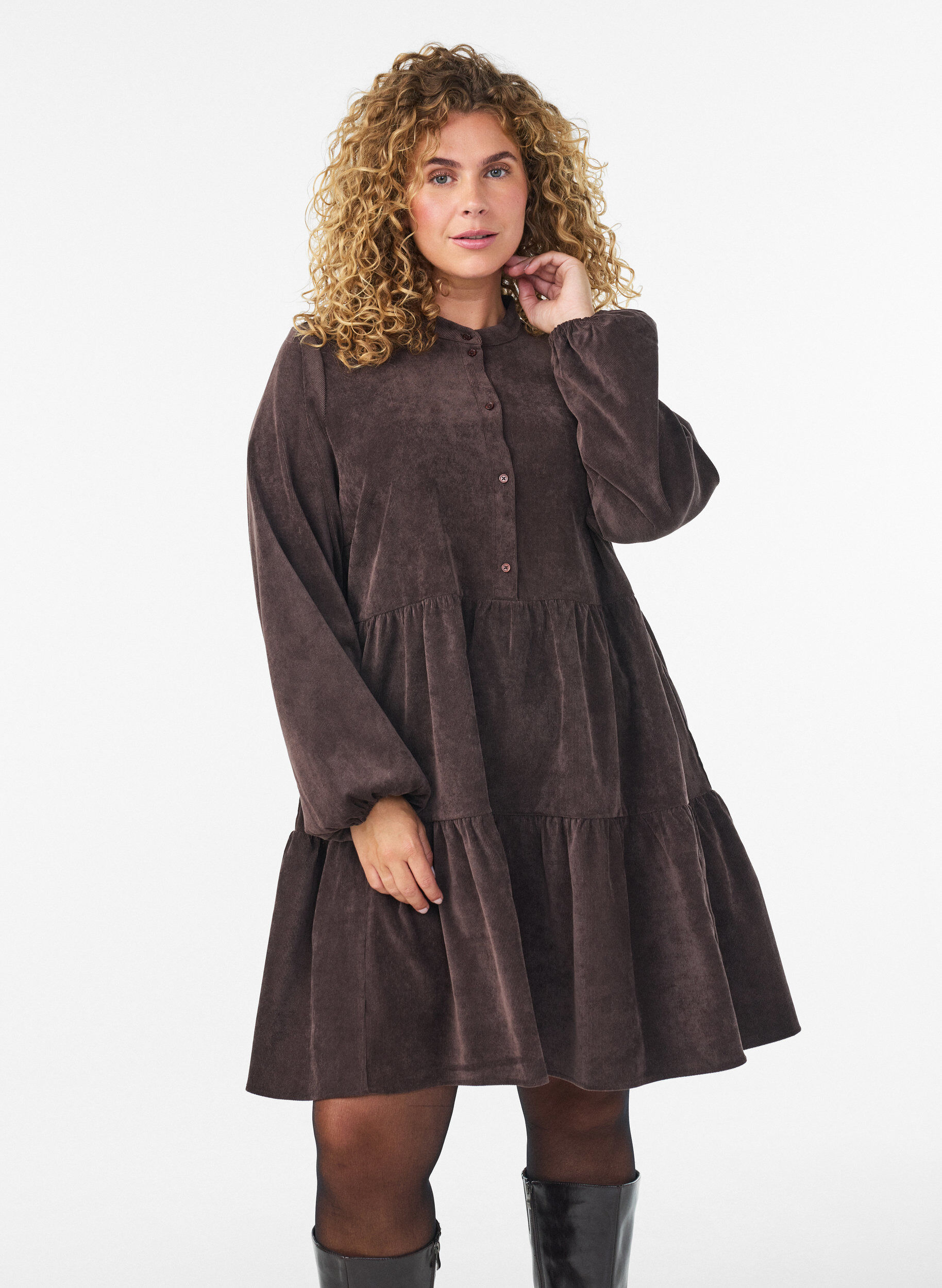 ZizzifashionCorduroy dress with A-line shape and stand collar, Brown, Model image number 0