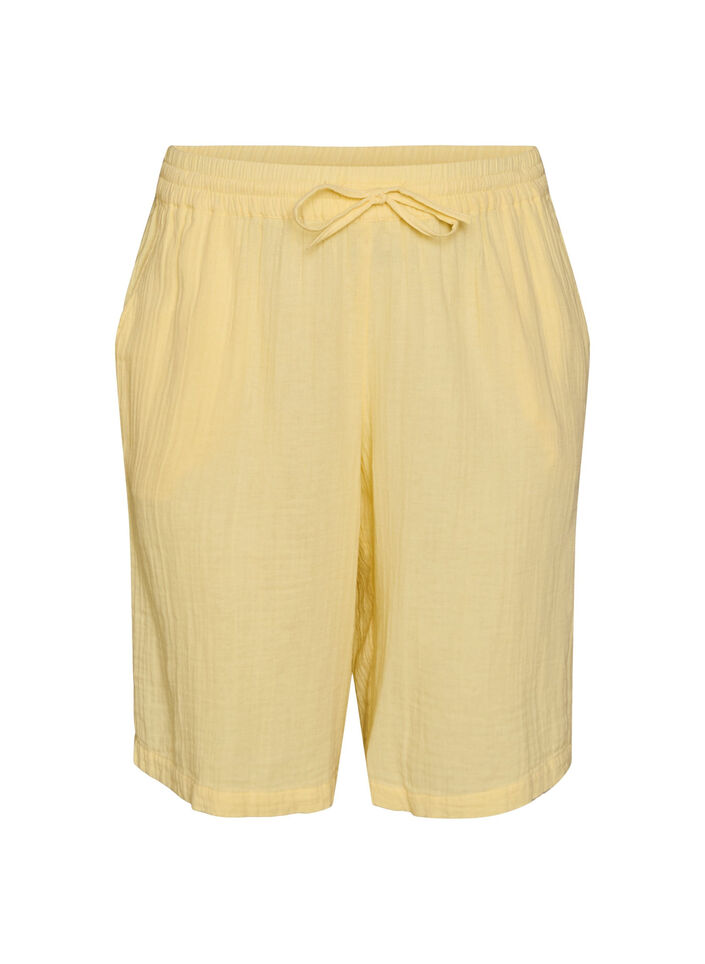 Loose cotton muslin shorts with a high waist, Yellow, Packshot image number 0