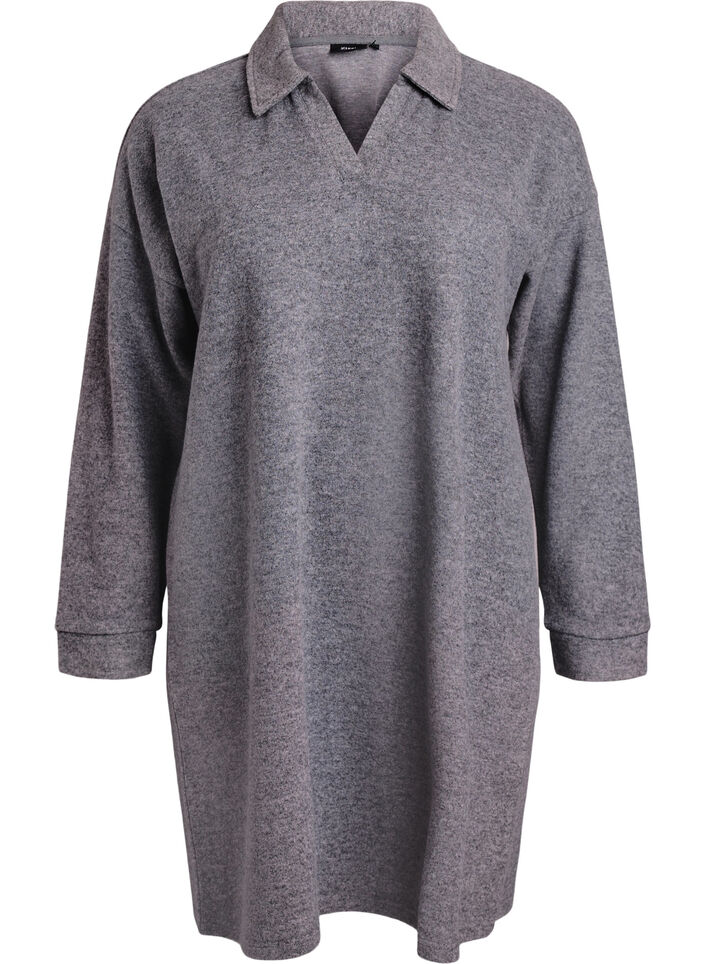 Knee-length jersey dress with a V-neck and collar, Dark Grey, Packshot image number 0