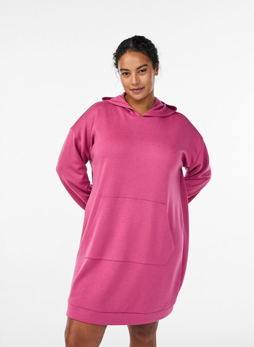 Short hoodie dress with a kangaroo pocket, Rose, Model image number 0
