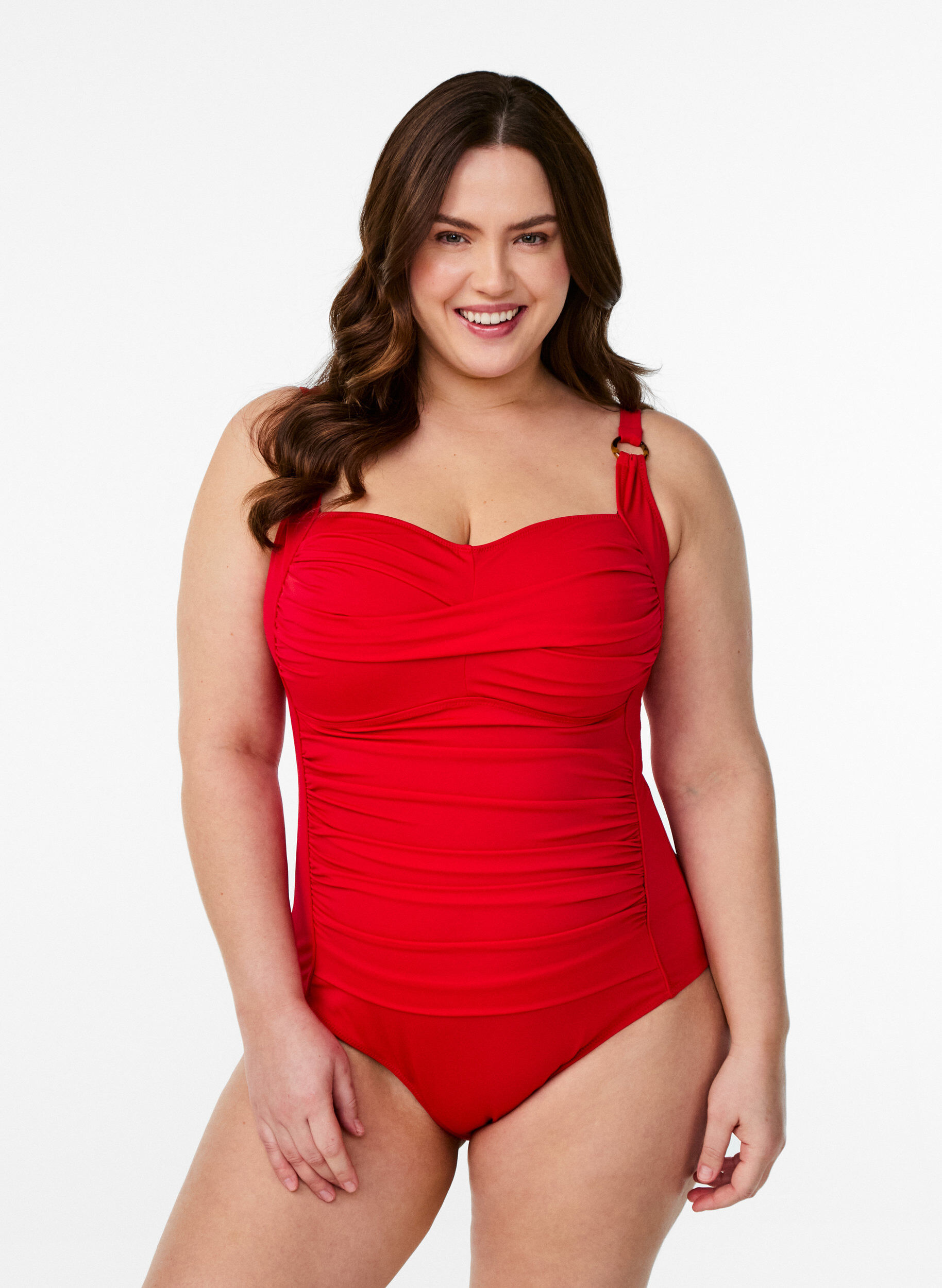Padded swimsuit with draping, Red, Model
