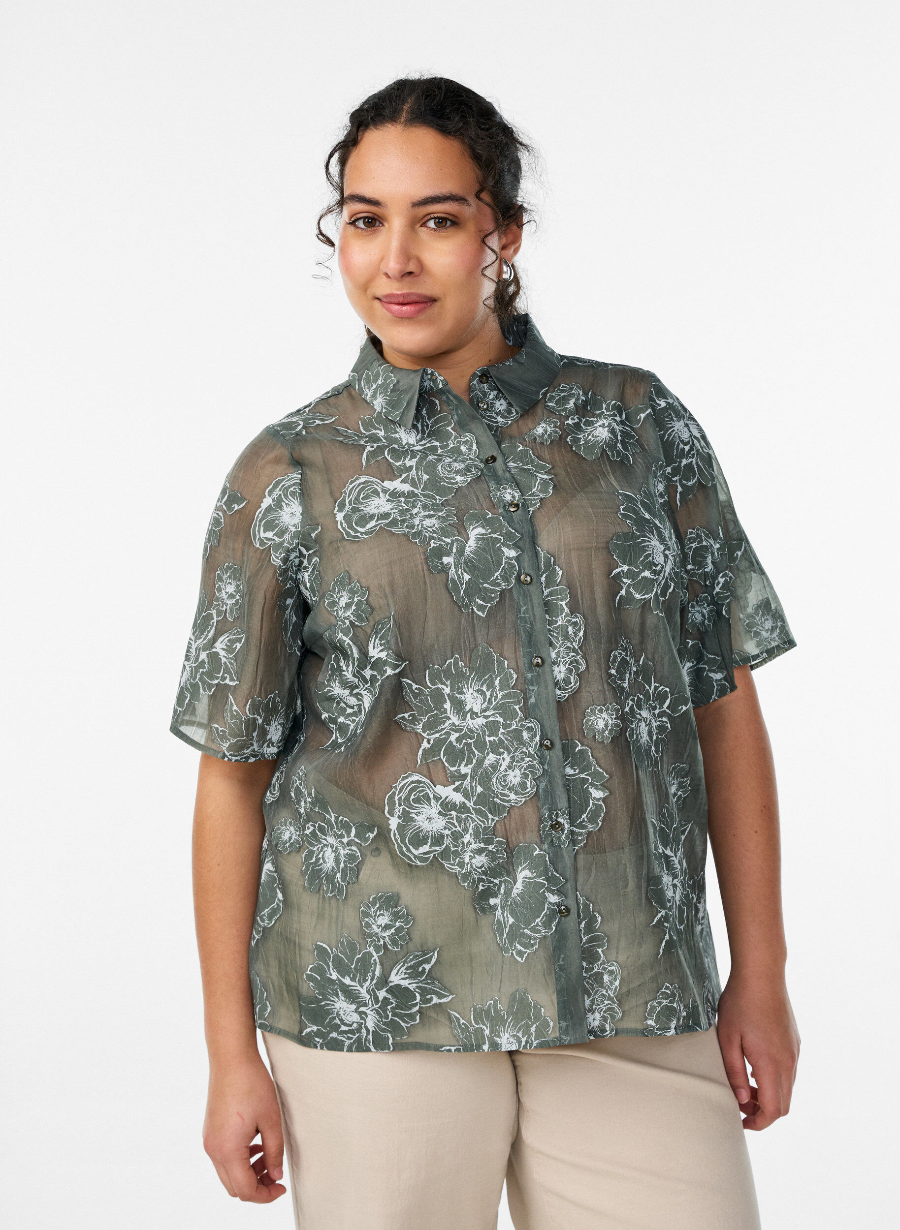 Zizzifashion Sheer shirt blouse with floral print, Green, Model image number 0