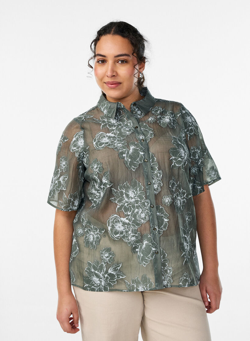 Sheer shirt blouse with floral print, Green, Model image number 0