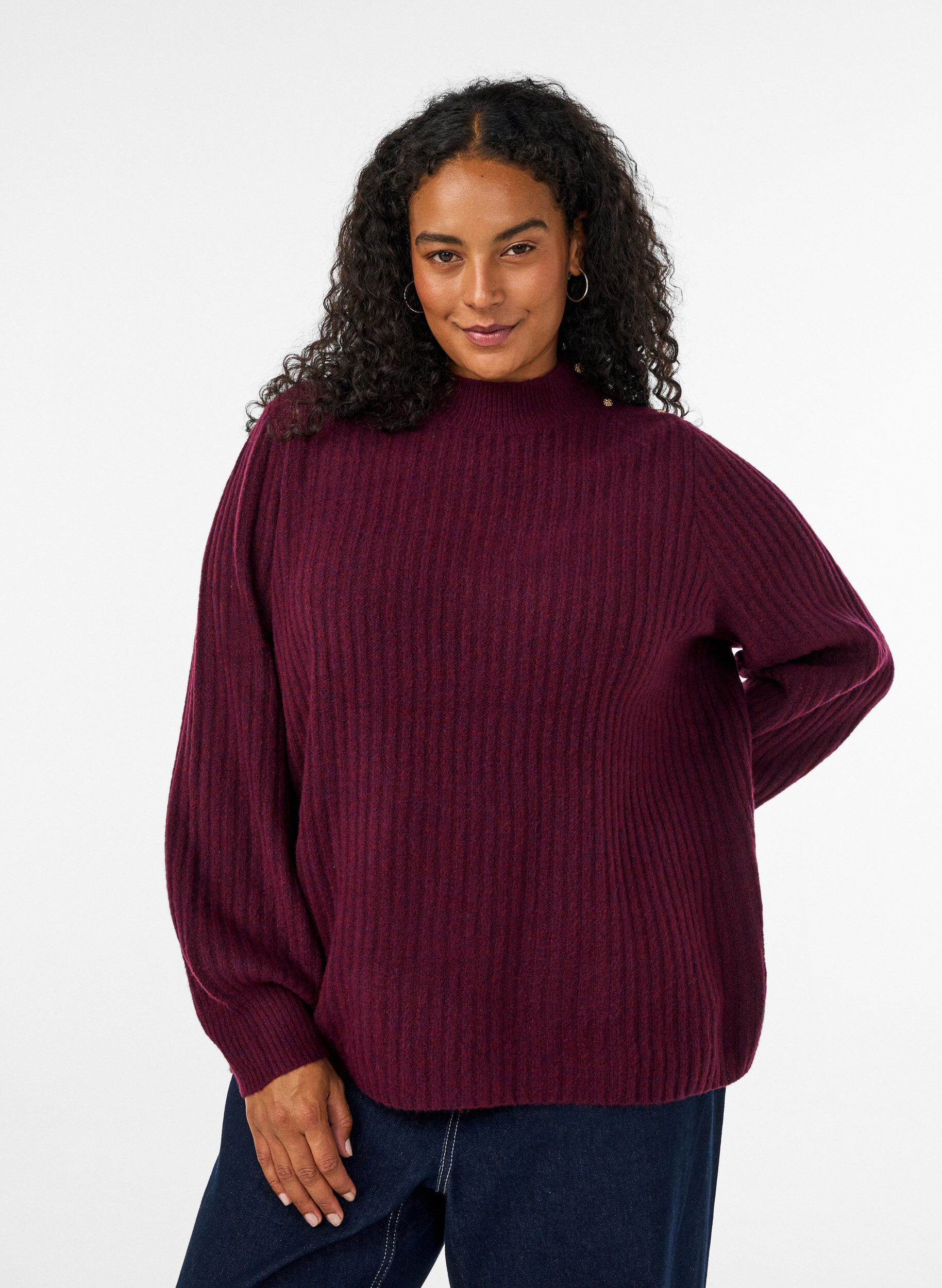 ZizzifashionRibbed jumper with puff sleeves and buttons, Dark Bordeaux, Model image number 0