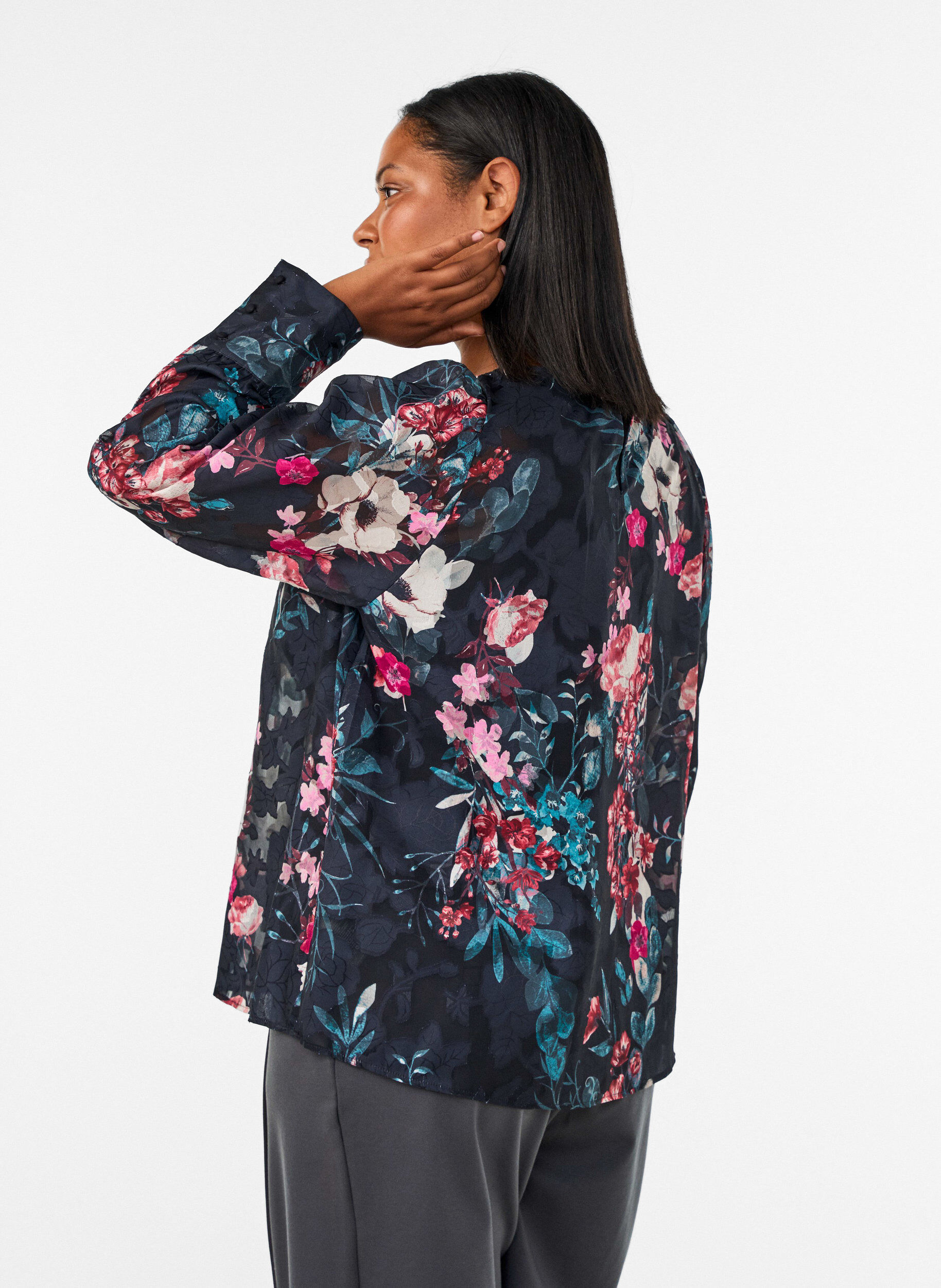 ZizzifashionFloral blouse with woven texture, Black, Model image number 2