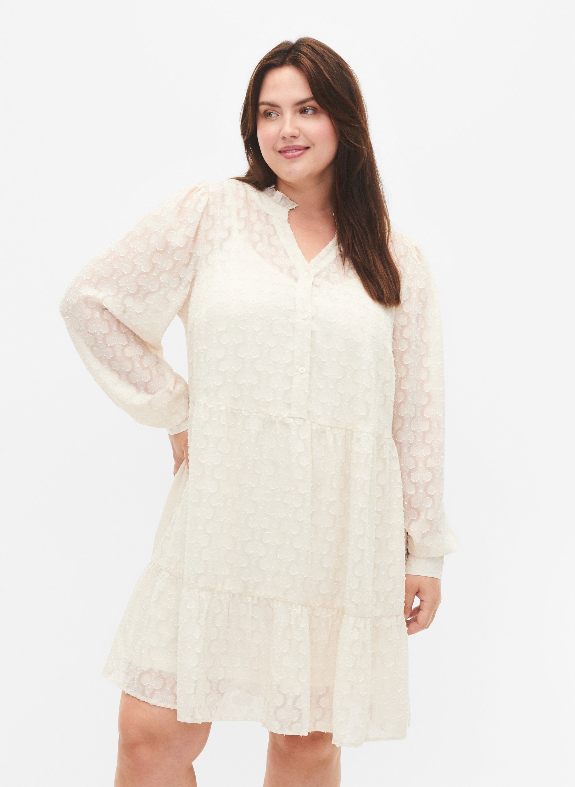 Zizzifashion Jacquard dress with ruffle collar, Birch, Model image number 0